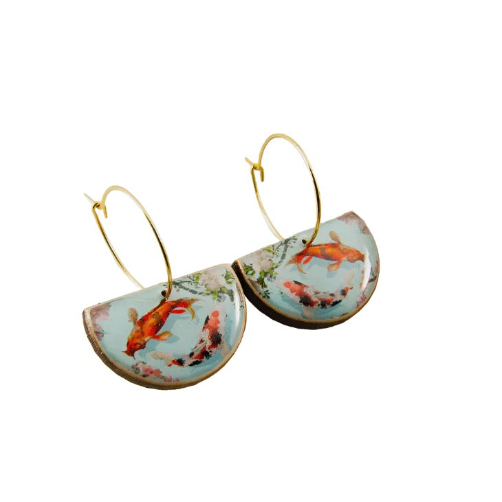 Drop Hoop Earrings - Watercolour Koi Fish
