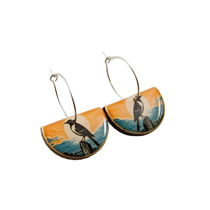 Drop Hoop Earrings - Stylized Raven Sunset