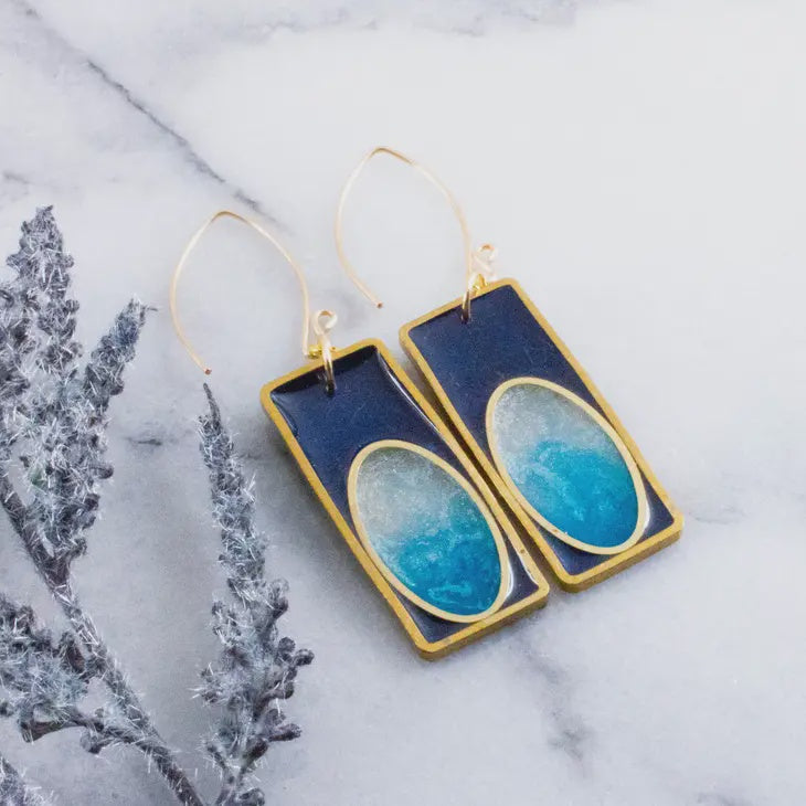 Brass  Frame Rectangle Drop Earrings - Oceans Of Blue