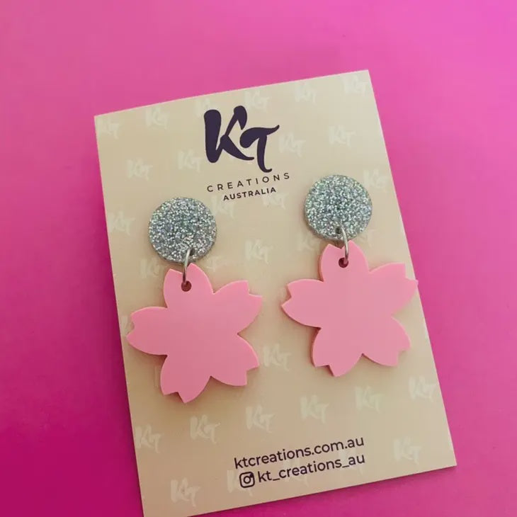 Petite Cherry Blossom Sakura Acrylic Dangle Earrings