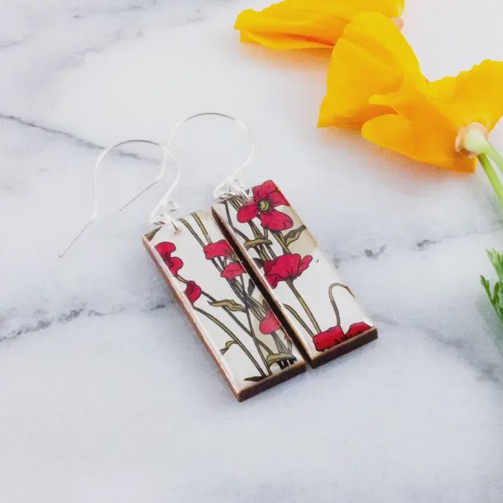 Rectangle Drop Earrings - Art Nouveau Red Poppies