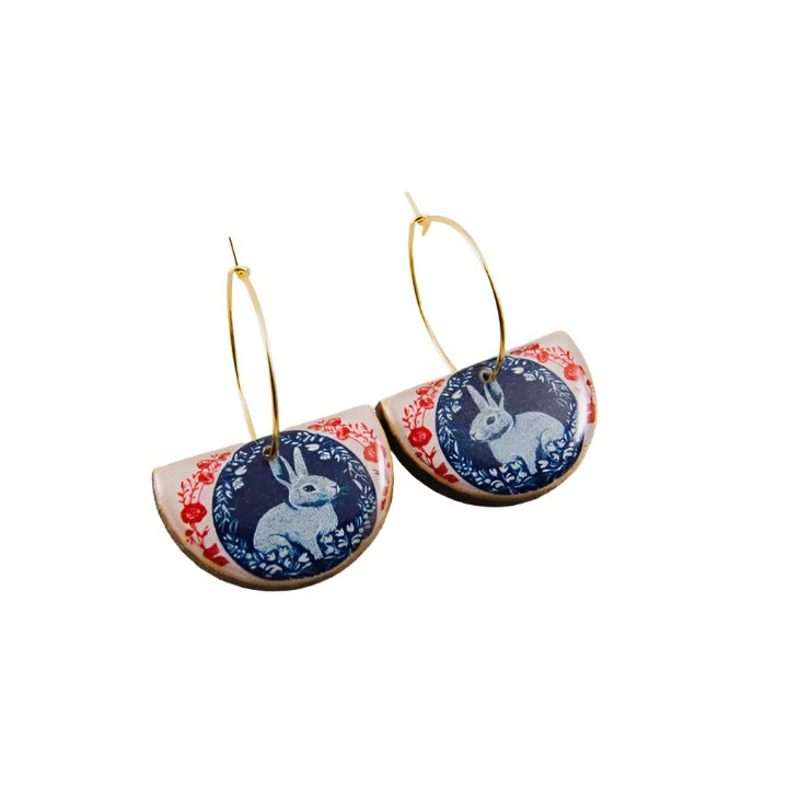Drop Hoop Earrings - Vintage Red & Blue Rabbit