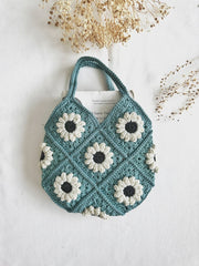 Hand Crochet Daisy Mini Blue Tote Bag