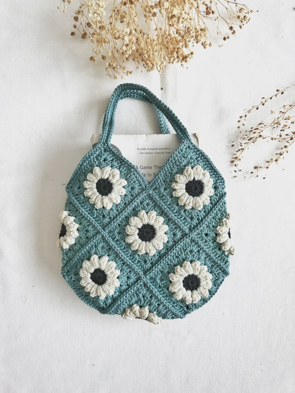 Hand Crochet Daisy Mini Blue Tote Bag