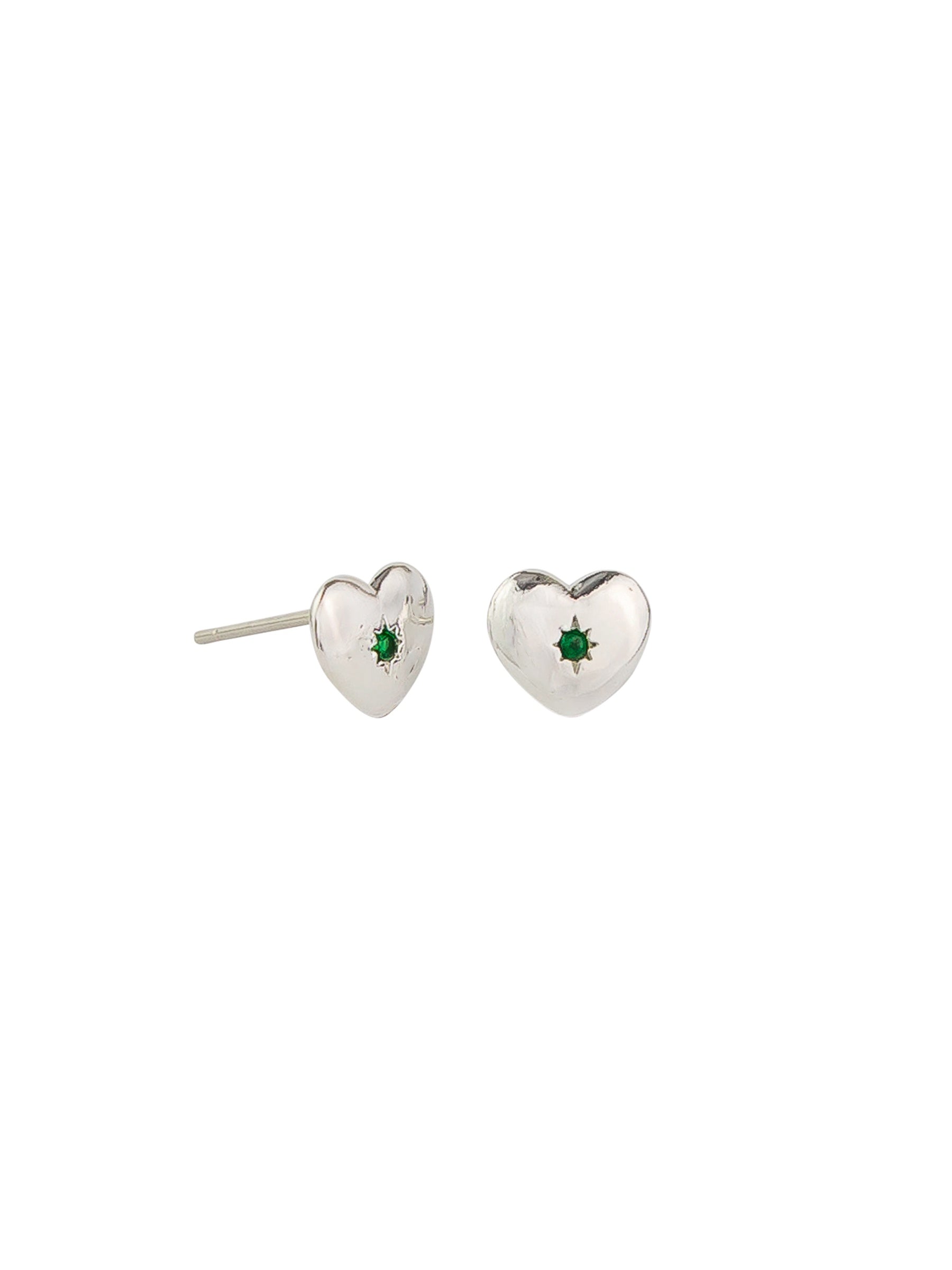 Heart Stud Earrings, Emerald - Silver
