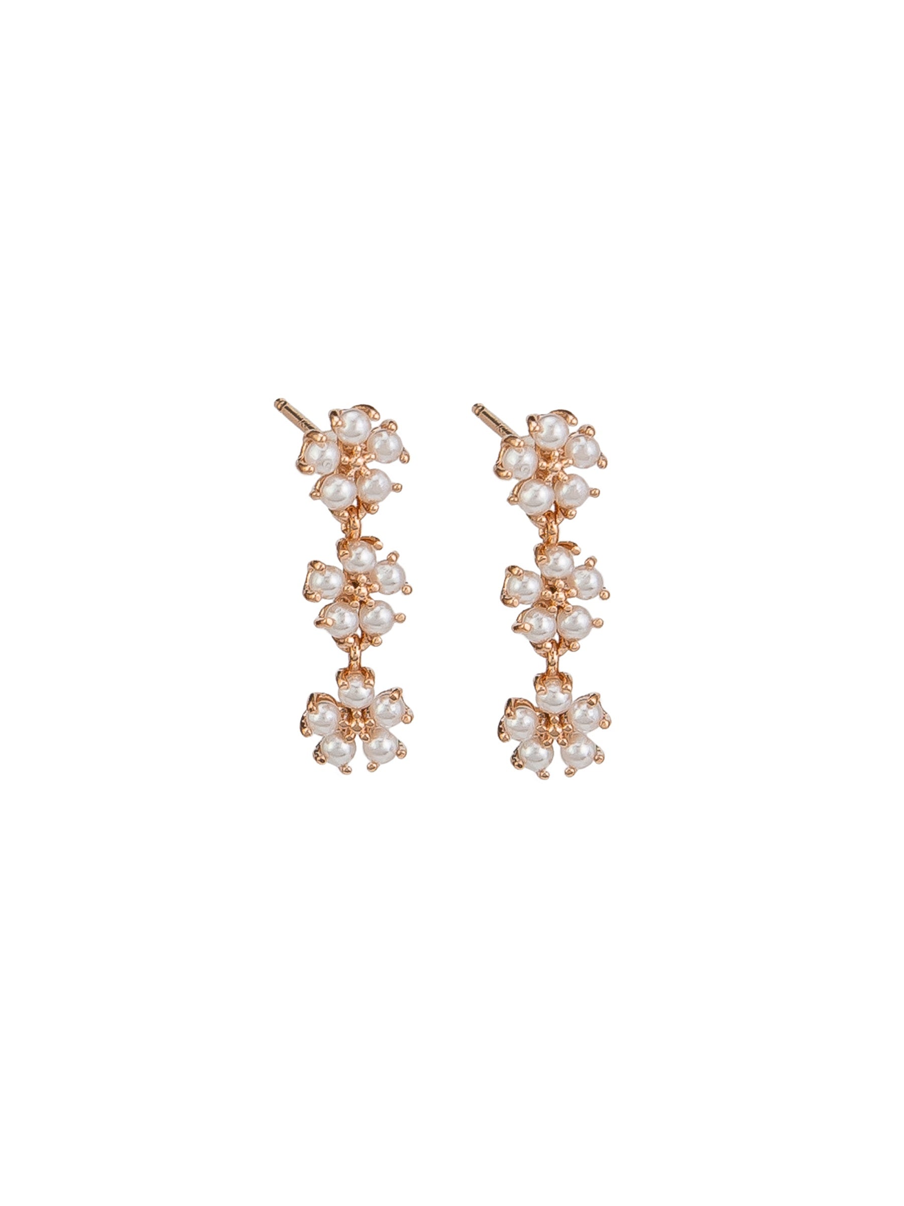 Petite Pearl Three Flower Drop Stud Earrings - Rose Gold