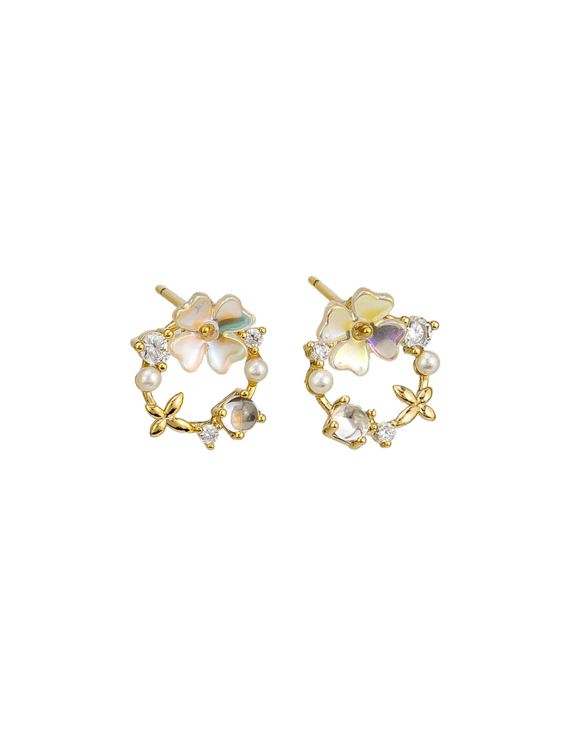 Flower Garden Crystal & Pearl Stud Earrings - Gold