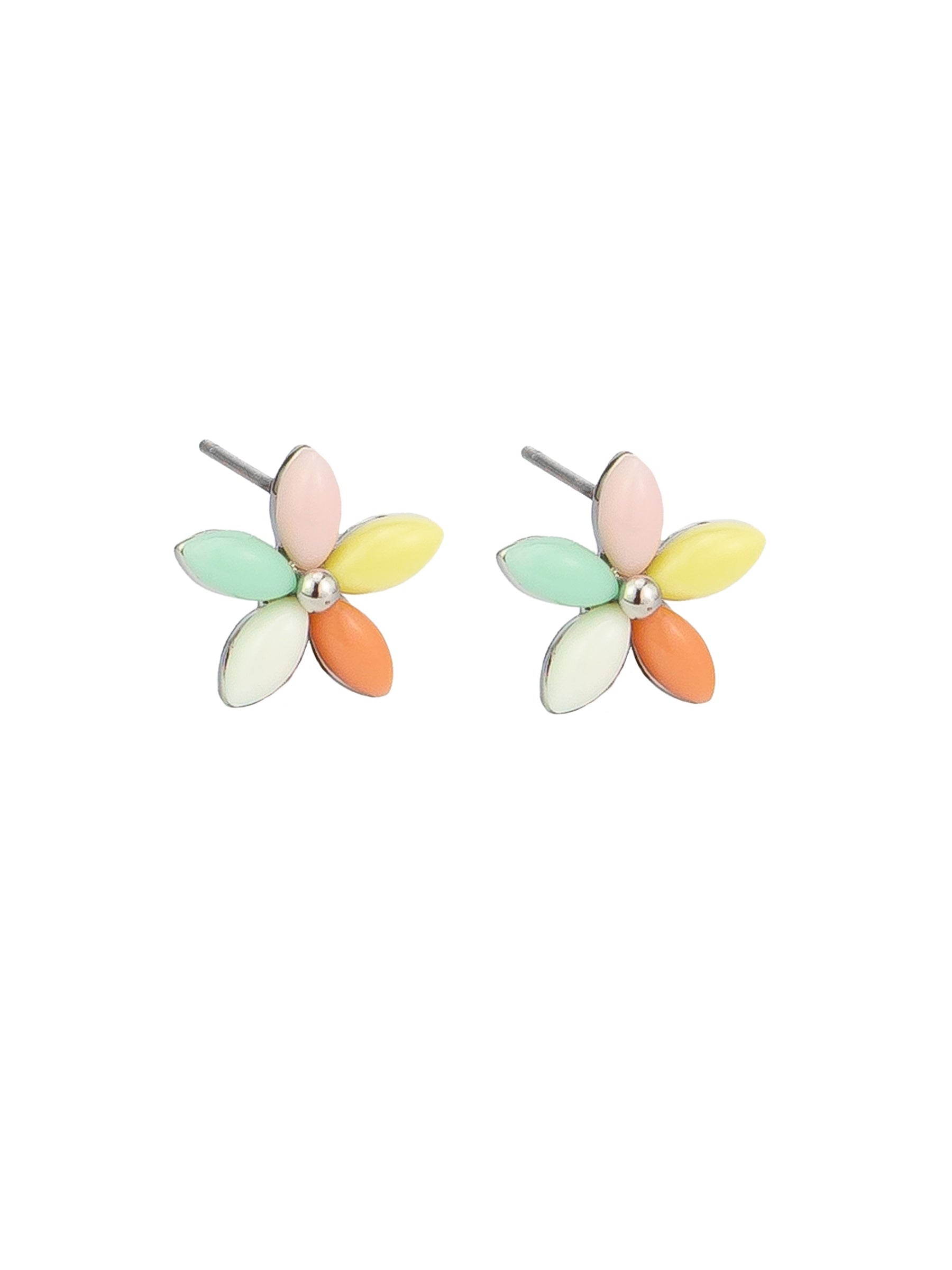Petal Flower Stud Earrings, Multi - Silver