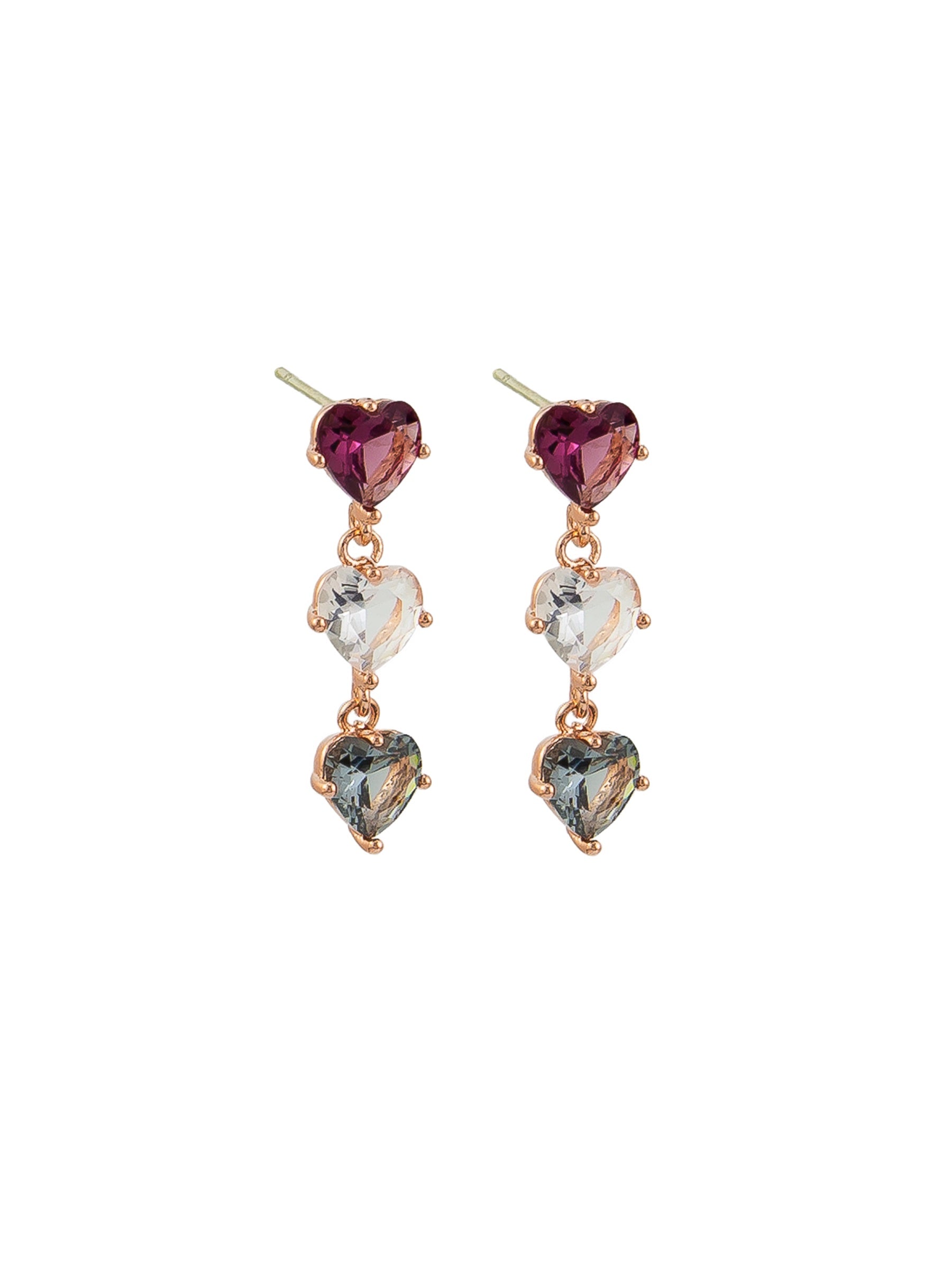 Love Triple Crystal Drop Stud Earrings - Rose Gold