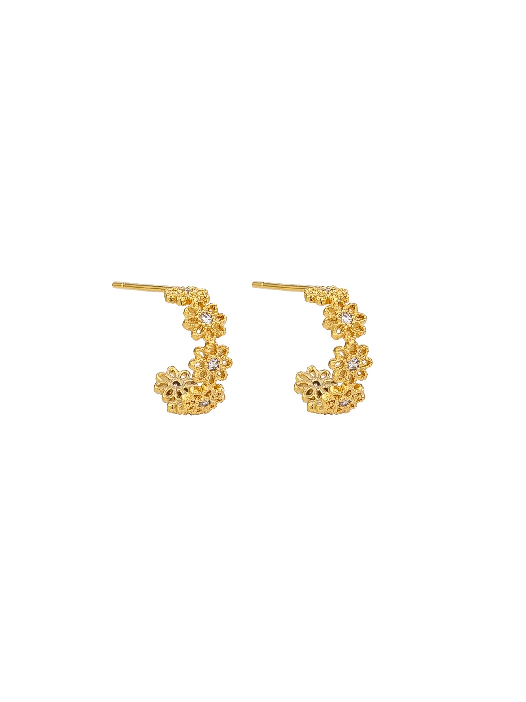 Flower Chain Mini Half Hoop Stud Earrings - Gold