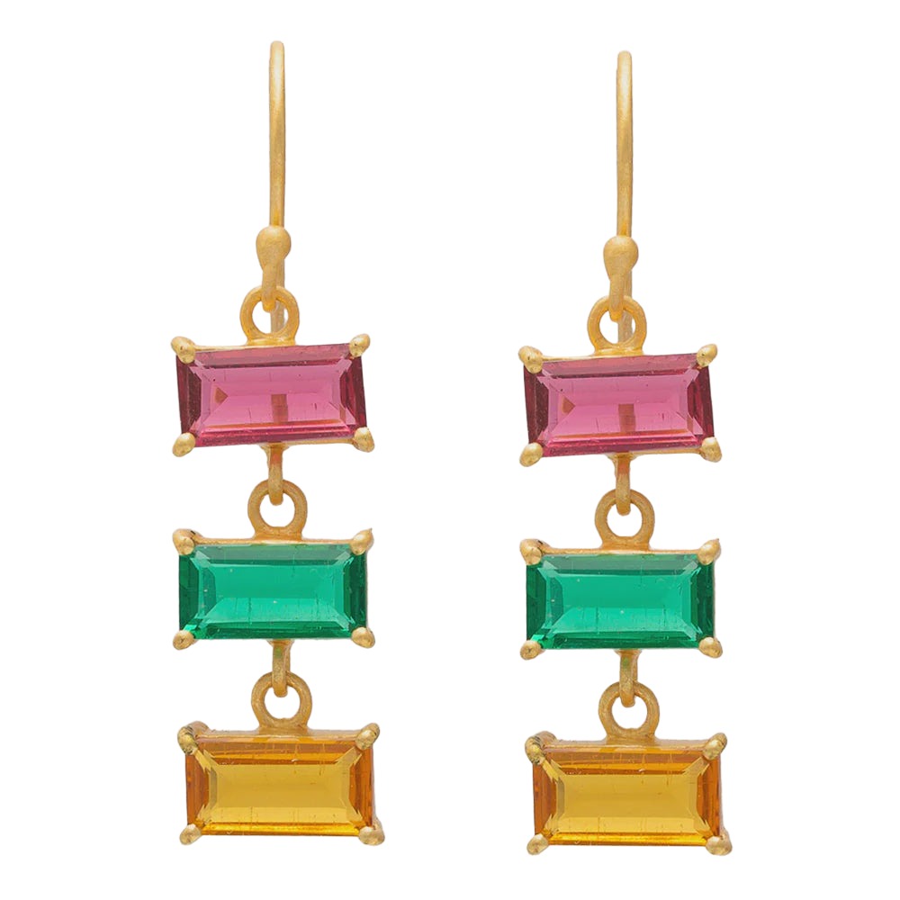 3 Tier Glass Earrings -  Ruby, Emerald & Citrine