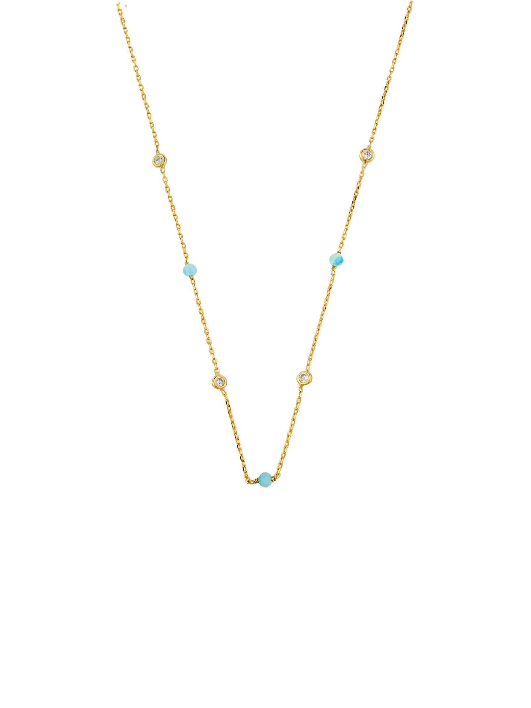Aqua & Crystal Chain Necklace - Gold