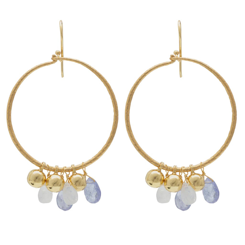 Gold Plate Hoop Earrings with Tanzanite & Rainbow Moonstone