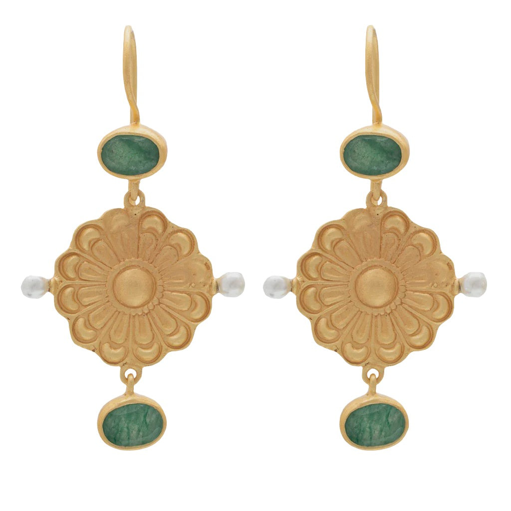 Gold Plate Berber Earrings with Green Aventurine & Pearl