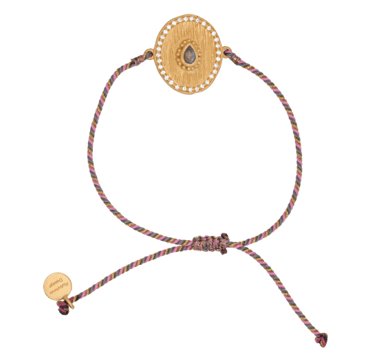 Adjustable Gold Plate Labradorite & Zirconia Bracelet on Pink Silk String