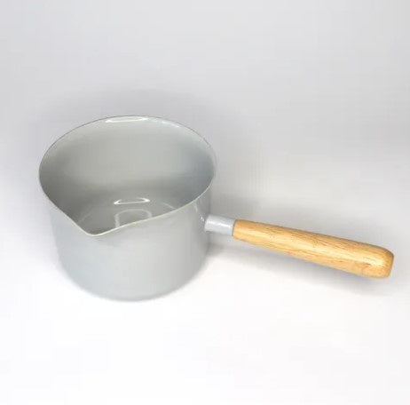 Grey Enamel Pot With Wooden Handle