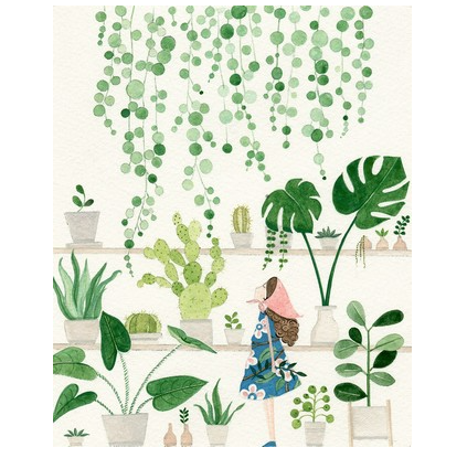 Girl & House Plants Card