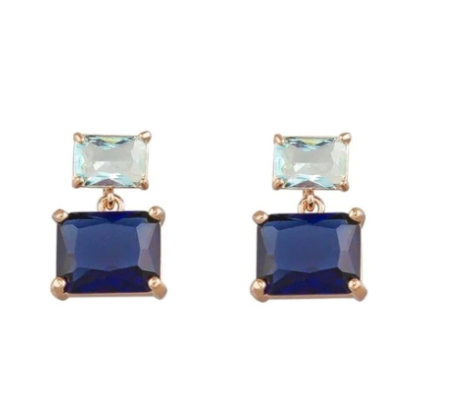 Retro Oblong Crystal Drop Earrings, Blue - Rose Gold