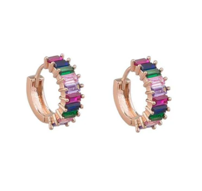 Crystal Baguette Huggie Earrings, Multi - Rose Gold