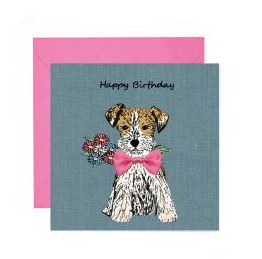 Happy Birthday Pink Bow Tie and Flowers Terrier Card