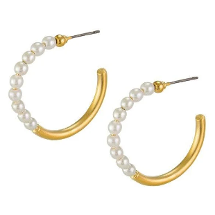 Pearl Half Hoop Stud Earrings - Gold