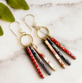Japanese Collage Fringe Earrings - Red & Blue