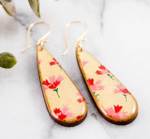 Teardrop Earrings - Silver & Pink Floral