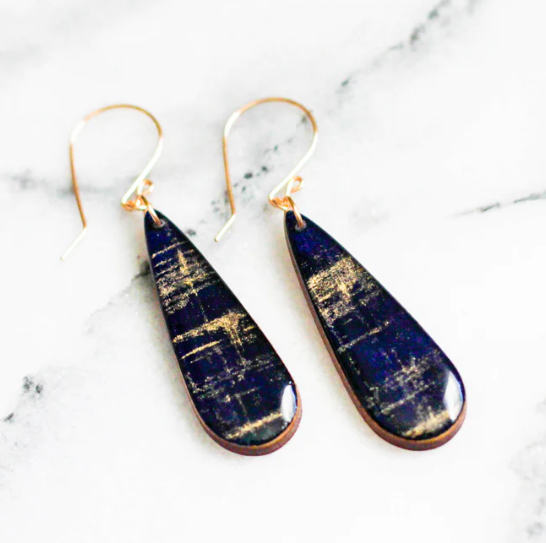 Teardrop Earrings - Cobalt + Gold Brushstroke