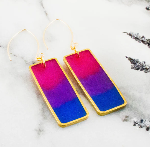 Brass Frame Rectangle Drop Earrings - Pride Bisexual Flag