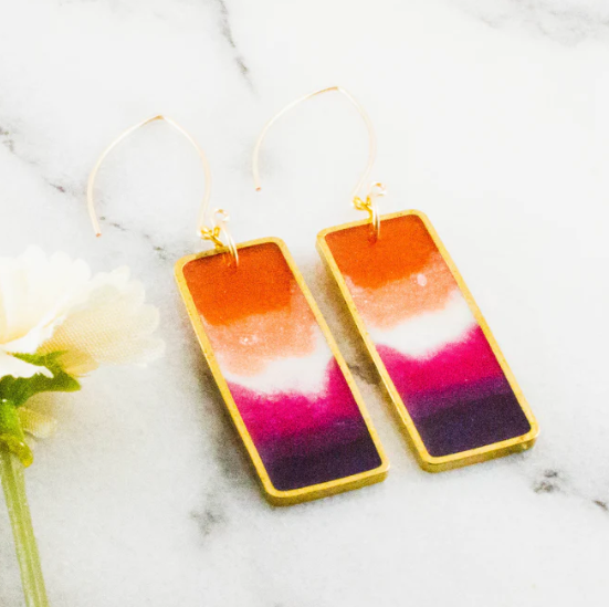 Brass Frame Rectangle Drop Earrings - Pride Lesbian Flag