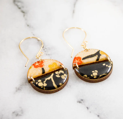 Two Halves Japanese Paper Circle Earrings - Black & Gold