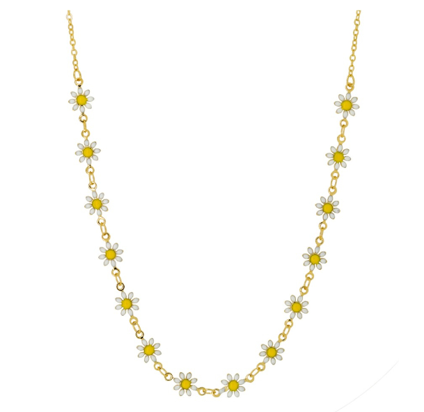 Daisy Chain Necklace (14 Daisies), White - Gold