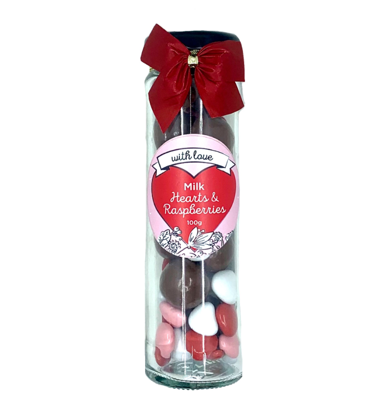 Milk Chocolate Hearts & Raspberries Jar 100g