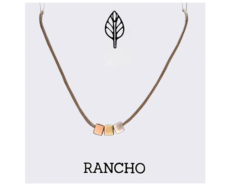 Silver, Gold, Rose Gold Cubes on Tan Cord Necklace