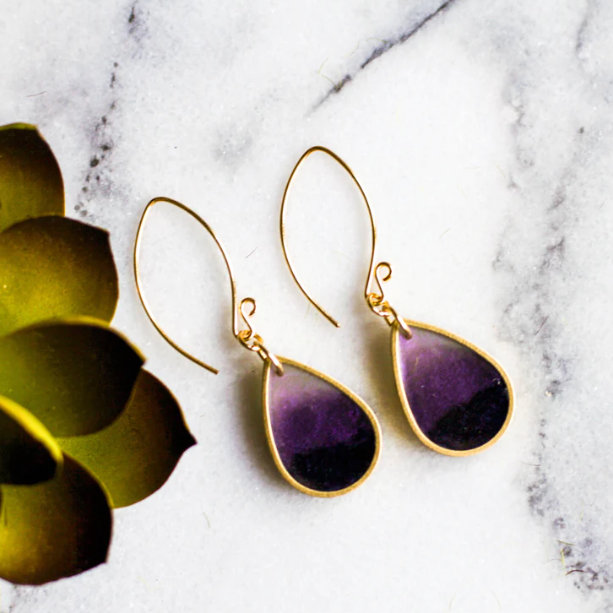 Brass Frame Raindrop Drop Earrings - Plum