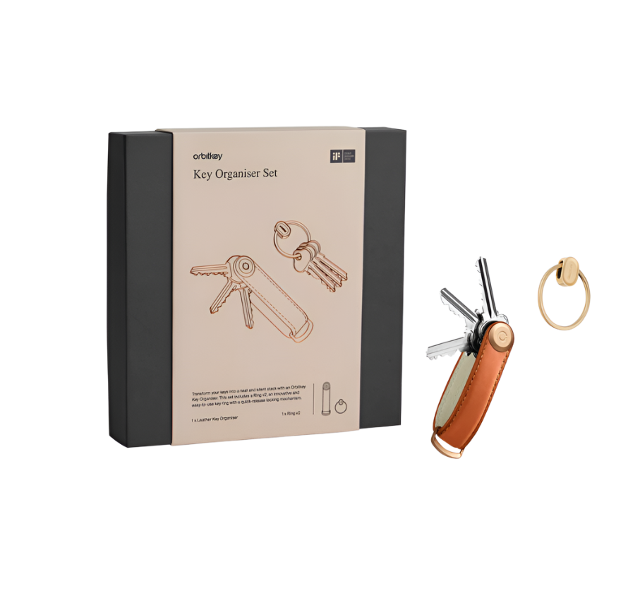 Orbitkey Set with QR Ring - Leather - Cognac + Yellow Gold