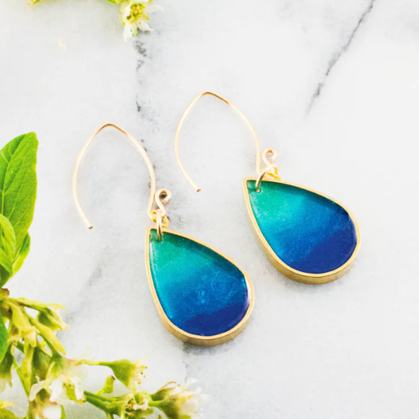 Brass Frame Raindrop Drop Earrings - Adriatic Sea