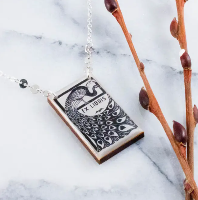 Custom Necklace - Ex Libris Peacock Bookplate
