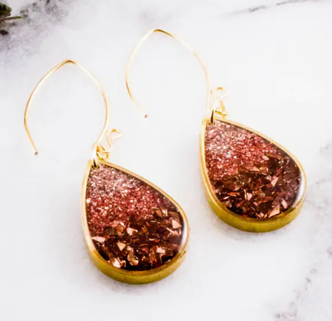 Raindrop Earrings - Blush & Copper Glass Glitter