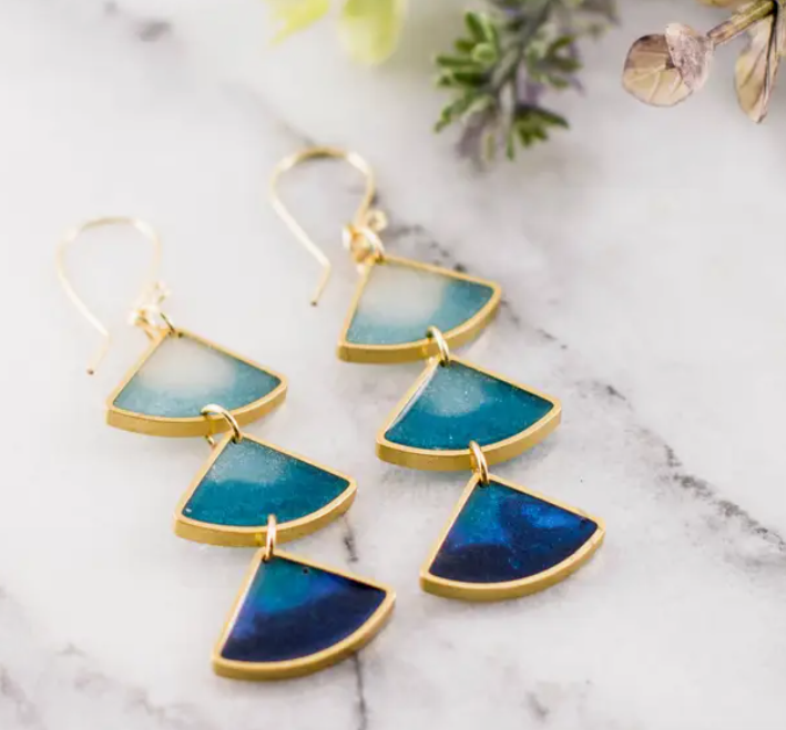 Brass Frame Triple Triangle Earrings - Ocean Ombre