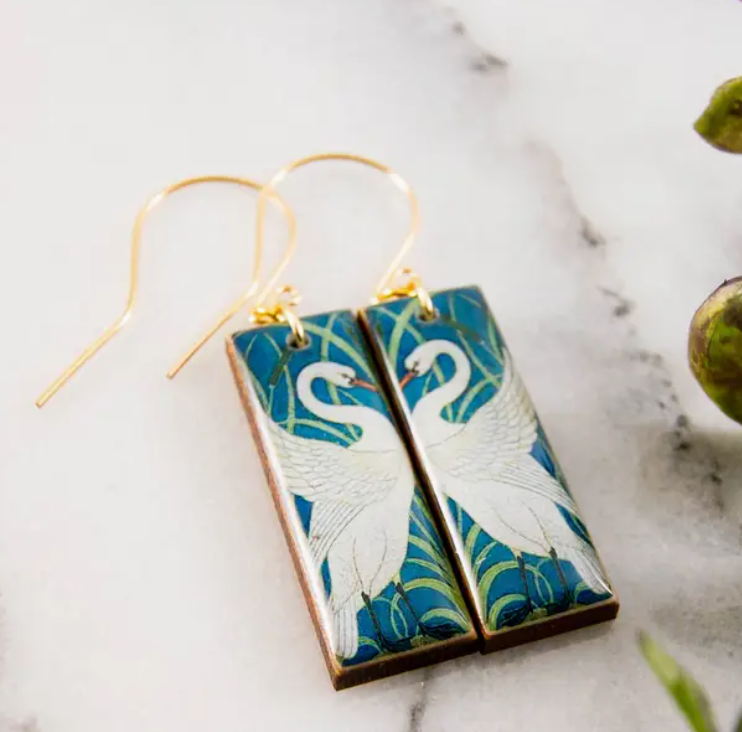 Rectangle Drop Earrings - Vintage Art Deco Swan