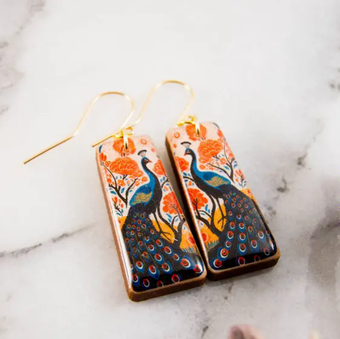Tapered Rectangle Drop Earrings - Retro Peacock Garden
