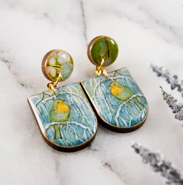 Drop Stud Earrings - Watercolour Aqua & Yellow Bird