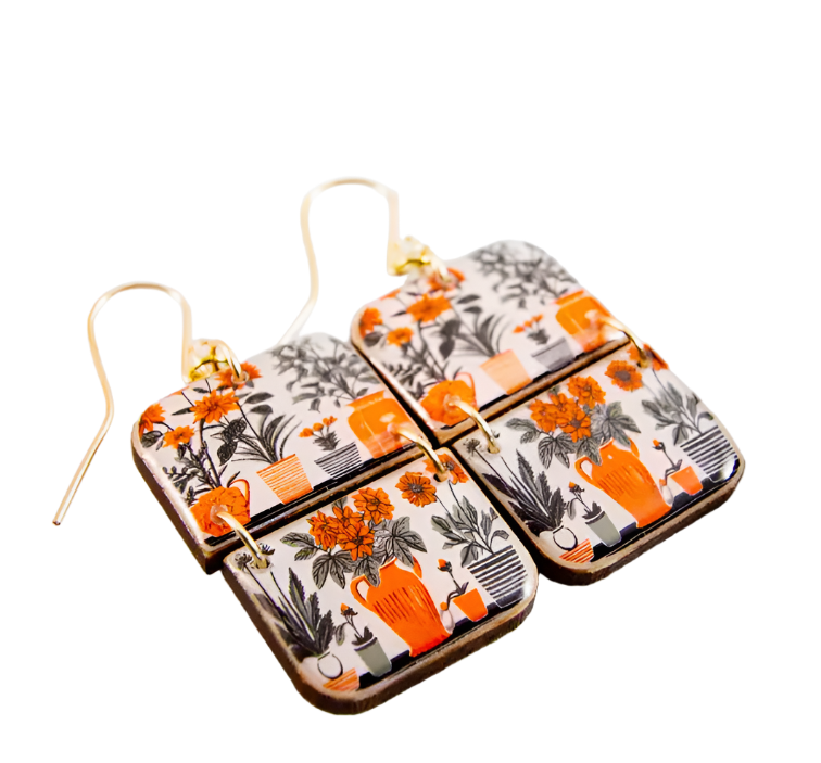 Half Rectangle Stack Drop Earrings - Retro House Plant