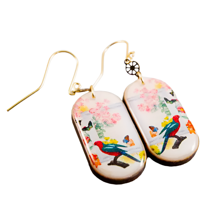 Oblong Drop Earrings - Bird & Butterfly