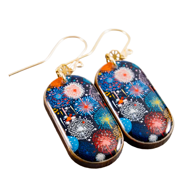 Oblong Drop Earrings - Graphic Fireworks Show