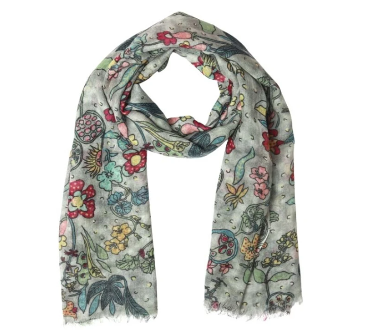 Merino Silk Scarf -  Light Grey Floral