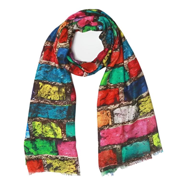 Merino Silk Scarf - Colourful Bricks