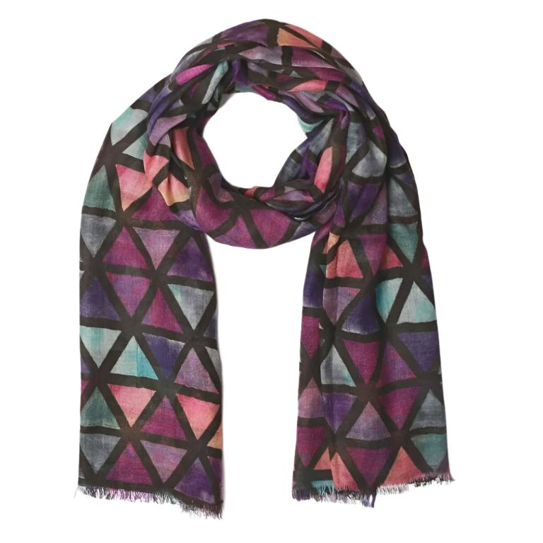 Merino Silk Scarf - Purple & Green Triangles