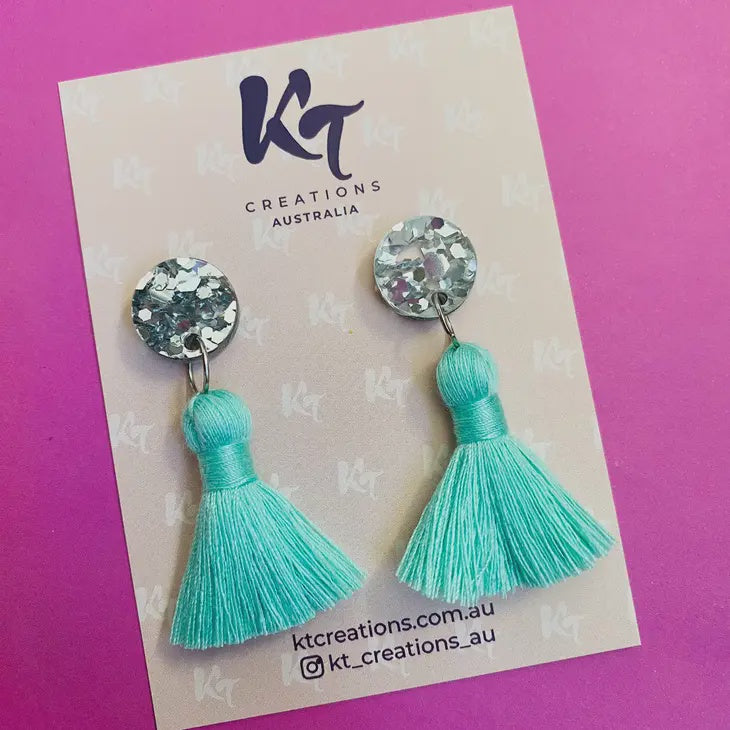 Mint Tassel Earrings With Acrylic Silver Topper